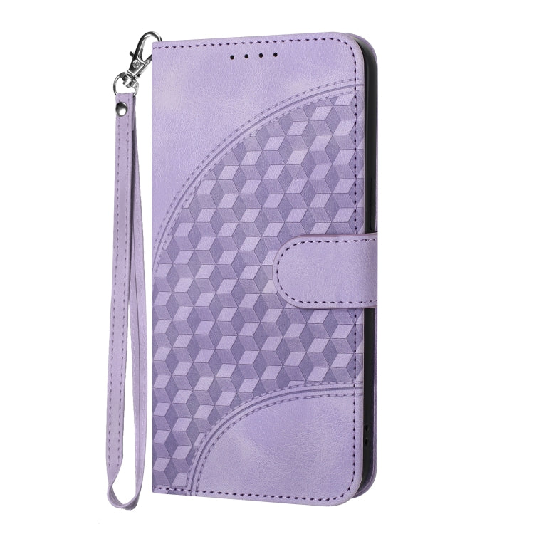 Elephant-embossed phone wallet case in light purple with wrist lanyard and magnetic flap