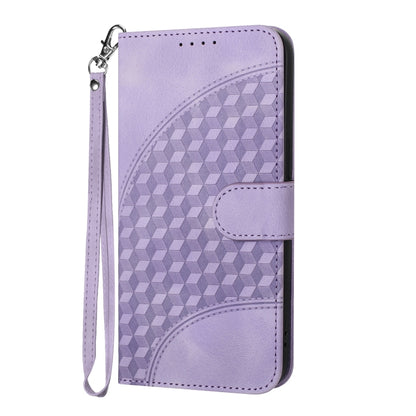 Elephant-embossed phone wallet case in light purple with wrist lanyard and magnetic flap