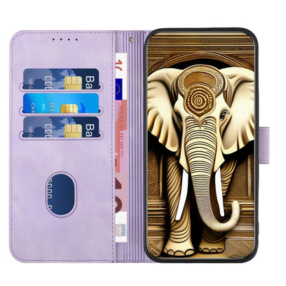 Elephant-embossed phone wallet case in light purple with card slots and folio cover