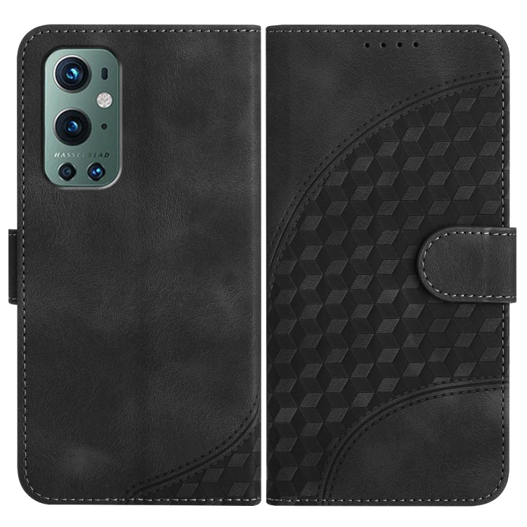 Black leather-style phone case with embossed geometric pattern and side flip cover