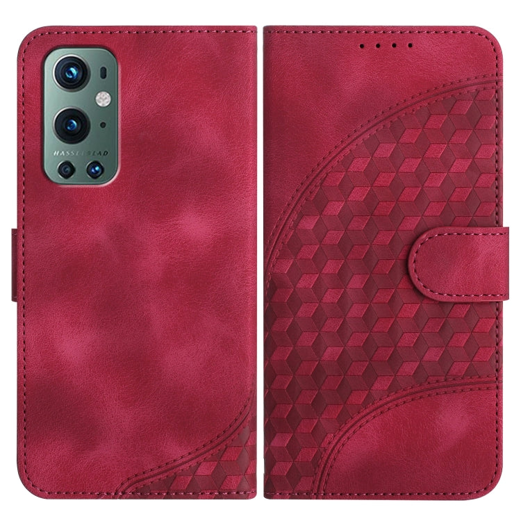 Red leather-style phone case with embossed geometric pattern and side flip cover