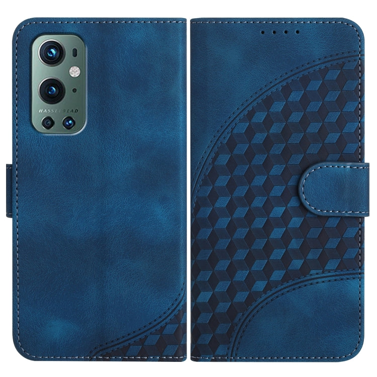 Blue leather-style phone case with embossed geometric pattern and side flip cover