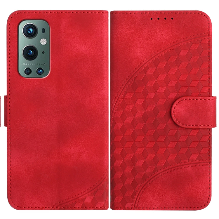 Red leather-style phone case with embossed geometric pattern and side flip cover