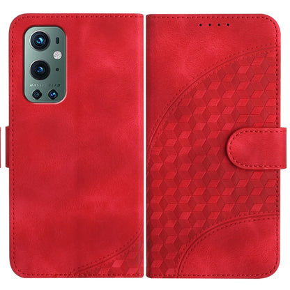 Red leather-style phone case with embossed geometric pattern and side flip cover