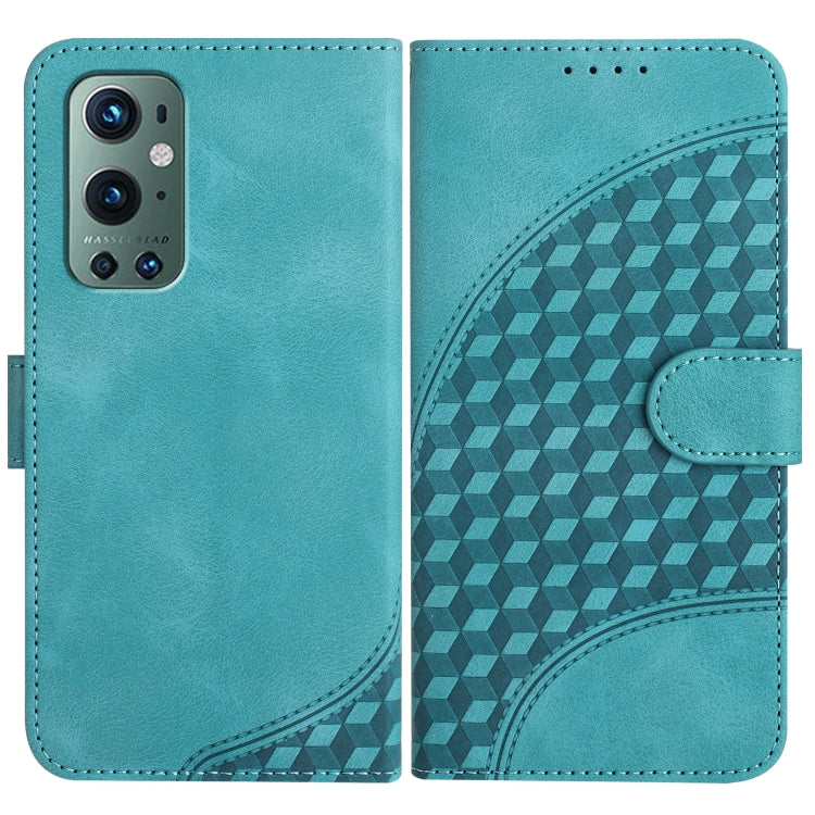 Teal leather-style phone case with embossed geometric pattern and side flip cover