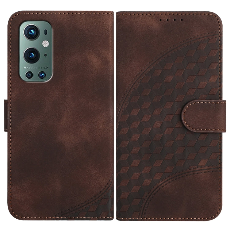 Brown leather-style phone case with embossed geometric pattern and side flip cover