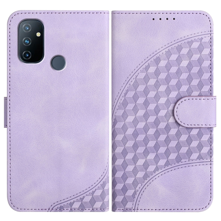 Lavender leather-style folio phone case with geometric embossed pattern and side strap