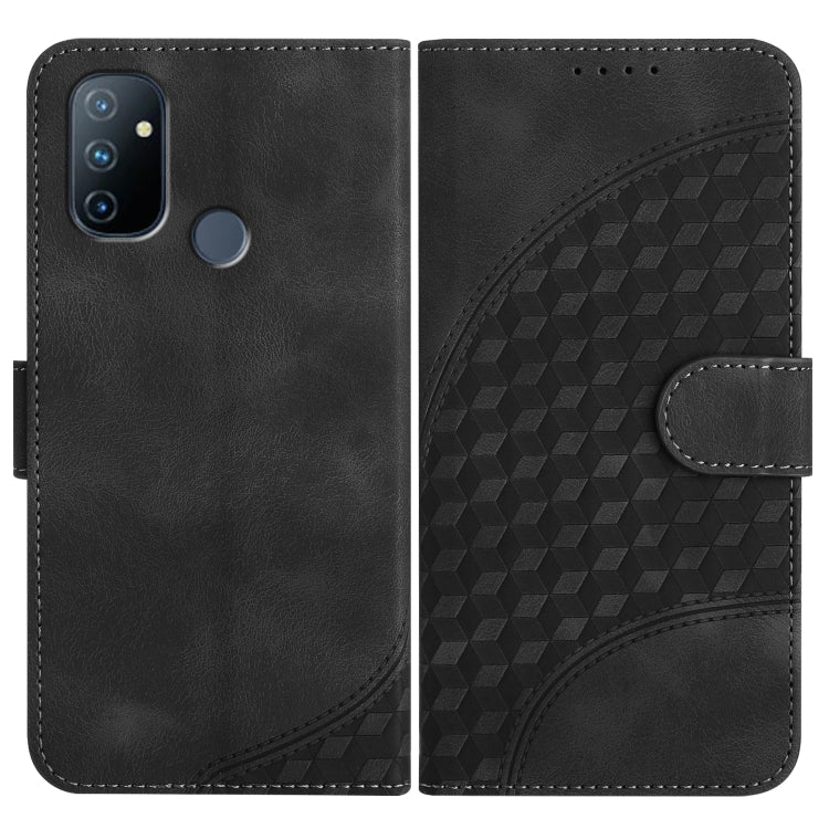Black leather-style folio phone case with geometric embossed panel and side strap