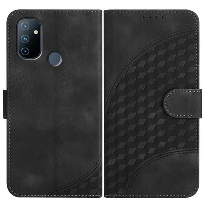 Black leather-style folio phone case with geometric embossed panel and side strap