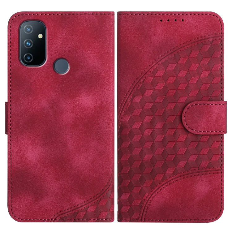 Rose red leather-style folio phone case with geometric embossed panel and side strap