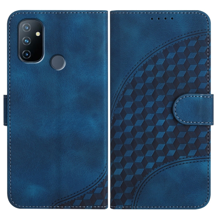 Royal blue leather-style folio phone case with geometric embossed panel and side strap
