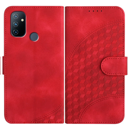 Red leather-style folio phone case with geometric embossed panel and side strap