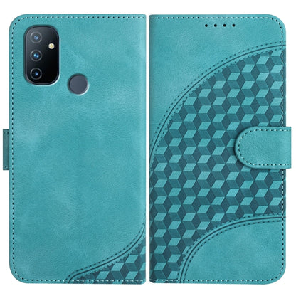 Light blue leather-style folio phone case with geometric embossed panel and side strap