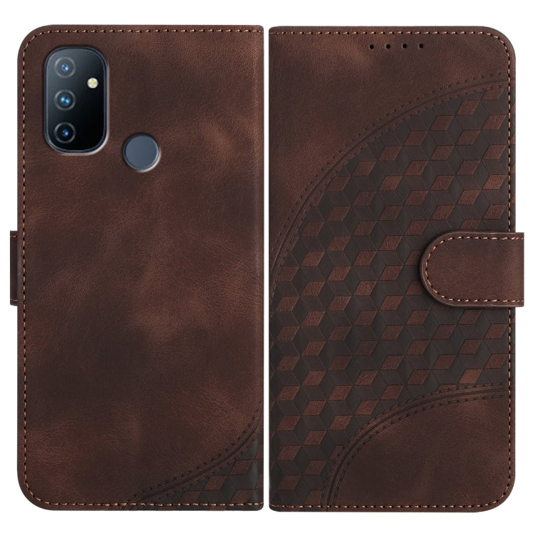 Coffee brown leather-style folio phone case with geometric embossed panel and side strap