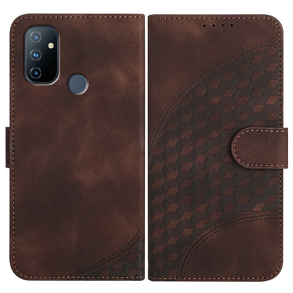 Coffee brown leather-style folio phone case with geometric embossed panel and side strap