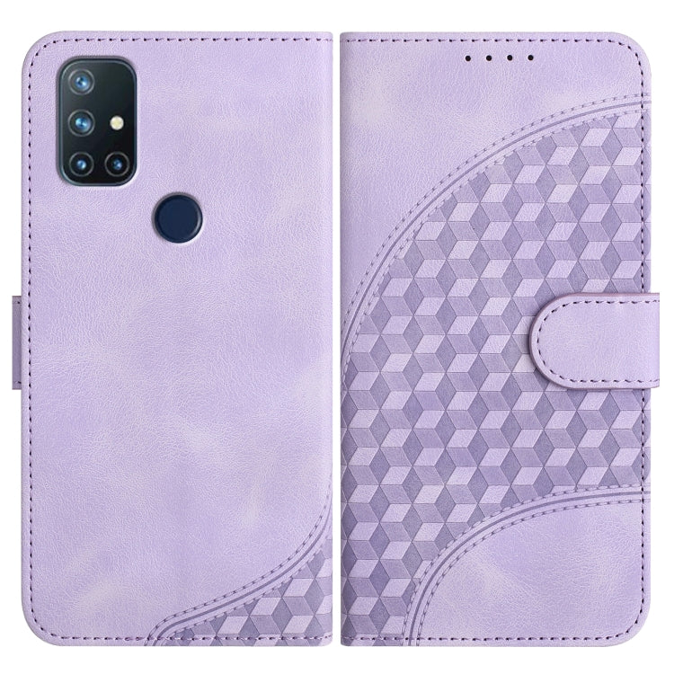 Light purple leather flip phone case with geometric pattern and snap strap