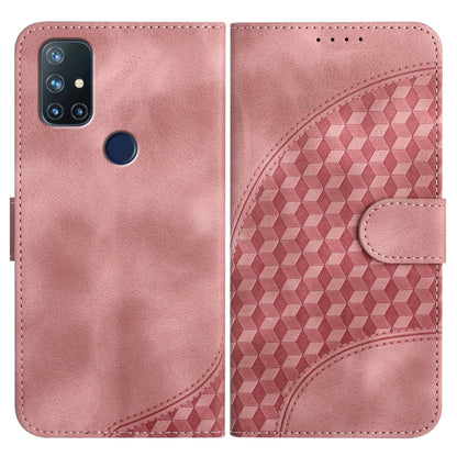 Rose red leather flip phone case with geometric pattern and side strap