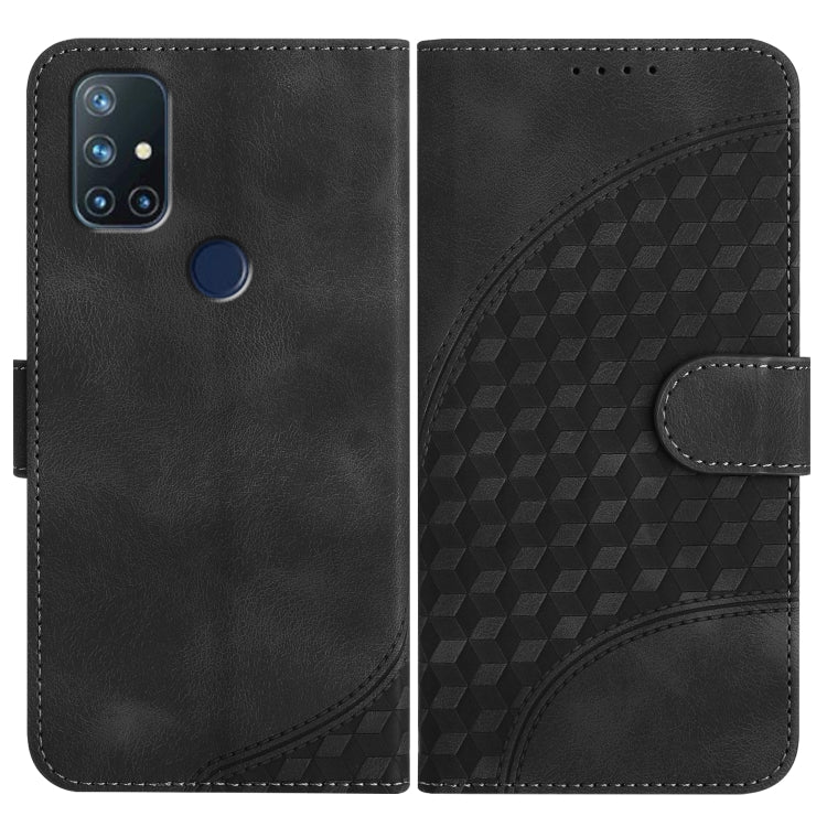 Black leather flip phone case with geometric texture and side fastening strap