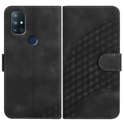 Black leather flip phone case with geometric texture and side fastening strap