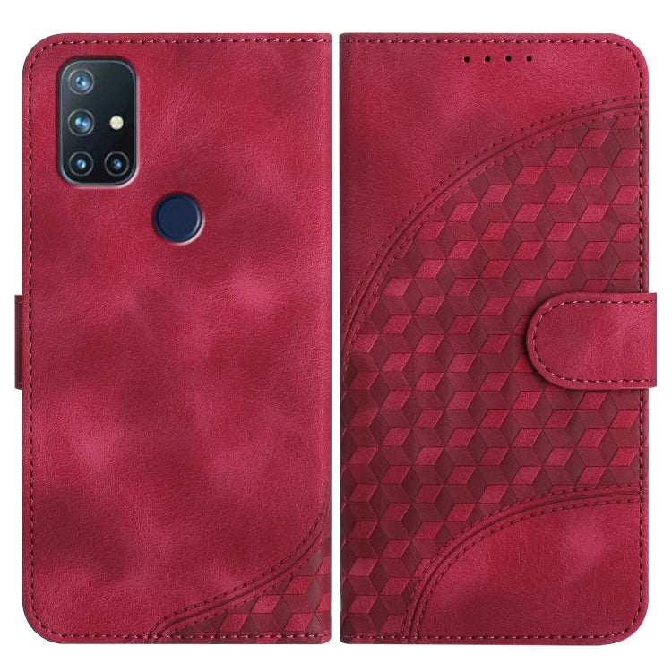 Red leather flip phone case with geometric pattern and matching snap strap