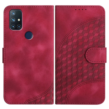 Red leather flip phone case with geometric pattern and matching snap strap