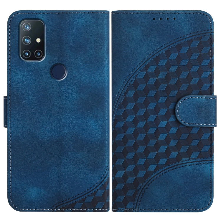 Blue leather flip phone case with geometric pattern and side card slot strap