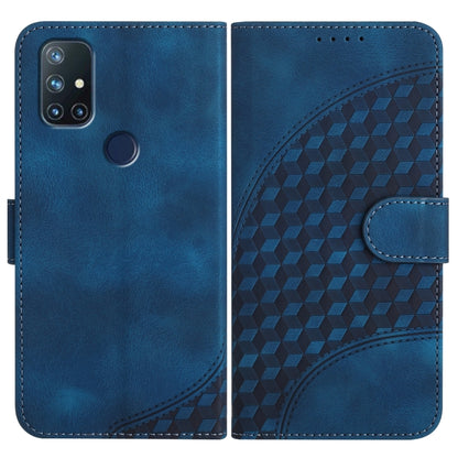 Blue leather flip phone case with geometric pattern and side card slot strap