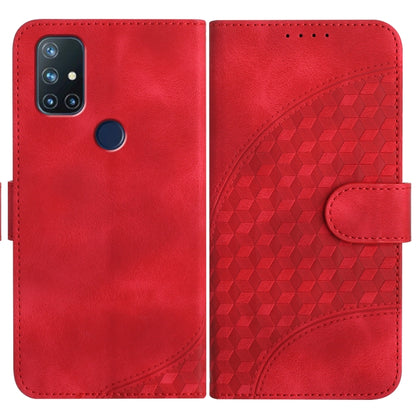 Red leather flip phone case with geometric pattern and side strap closure