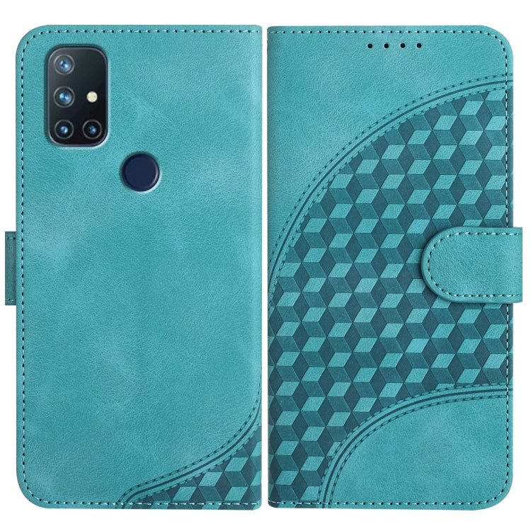 Light aqua blue leather flip phone case with geometric pattern and side strap