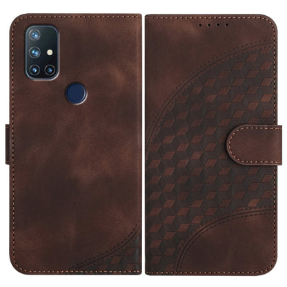 Dark brown leather flip phone case with geometric texture and side strap