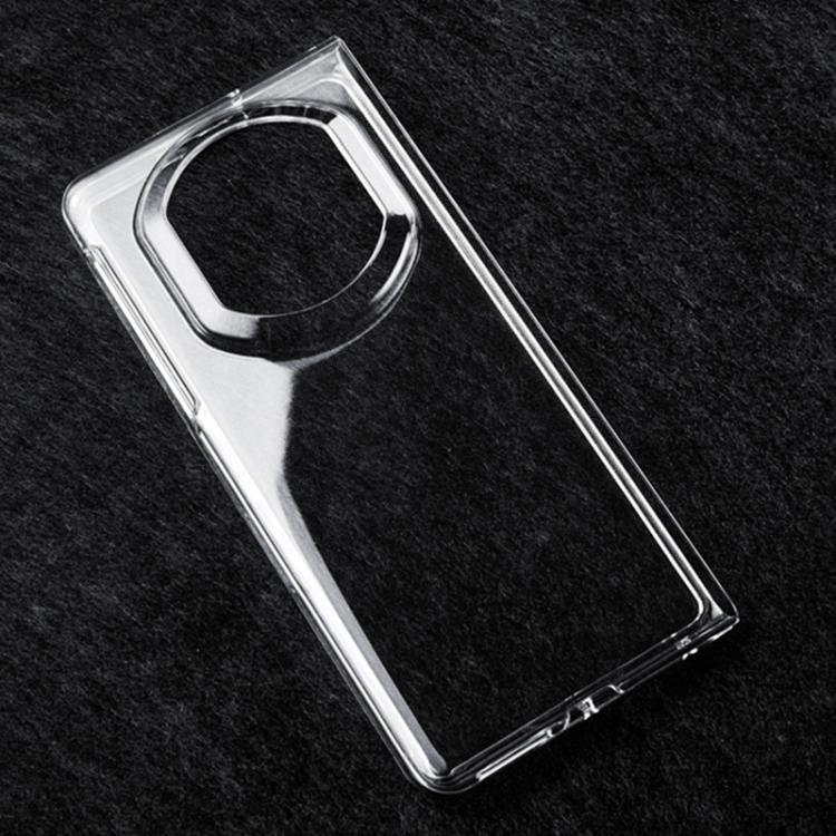 Clear shockproof phone case with circular camera opening, angled