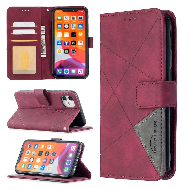 Maroon leather phone wallet case with magnetic buckle, rhombus texture, card slots and holder