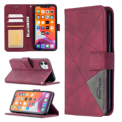 Maroon leather phone wallet case with magnetic buckle, rhombus texture, card slots and holder