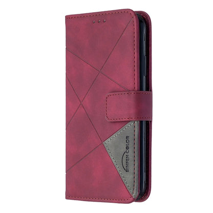Maroon rhombus-texture leather phone case with magnetic strap and card holder flap