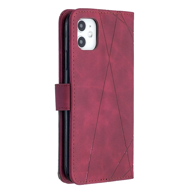 Maroon leather flip phone case with rhombus pattern and magnetic front strap