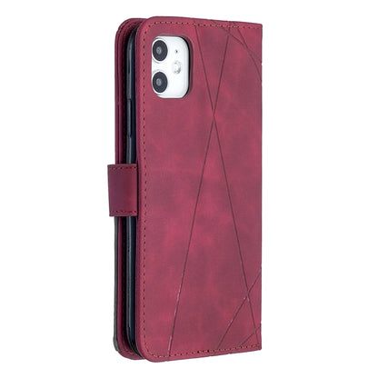 Maroon leather flip phone case with rhombus pattern and magnetic front strap