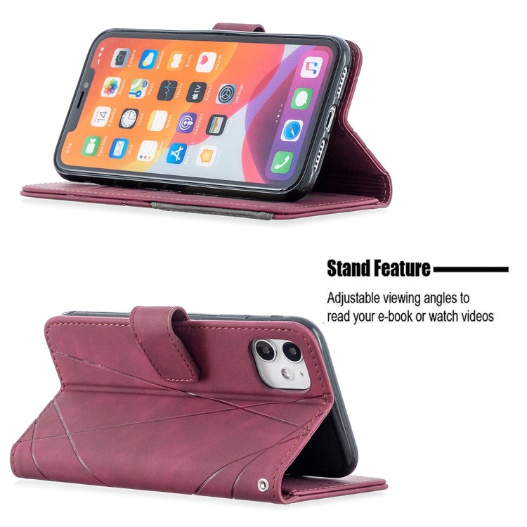 Maroon leather flip phone case with magnetic buckle and adjustable viewing stand