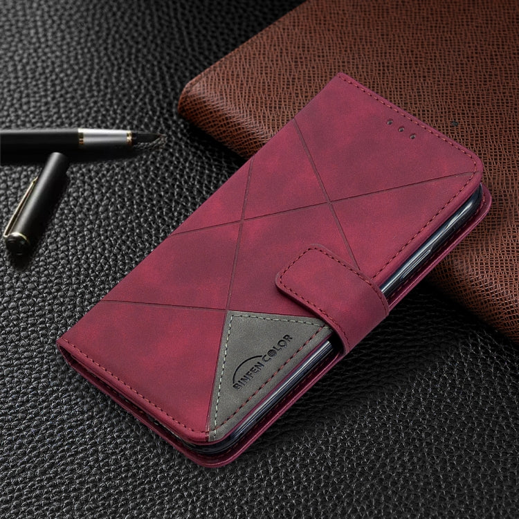 Maroon textured leather flip phone case with magnetic strap and card holder