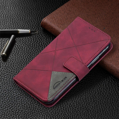 Maroon textured leather flip phone case with magnetic strap and card holder