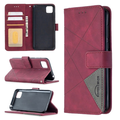Maroon leather phone wallet case with magnetic buckle, rhombus texture, and card slots