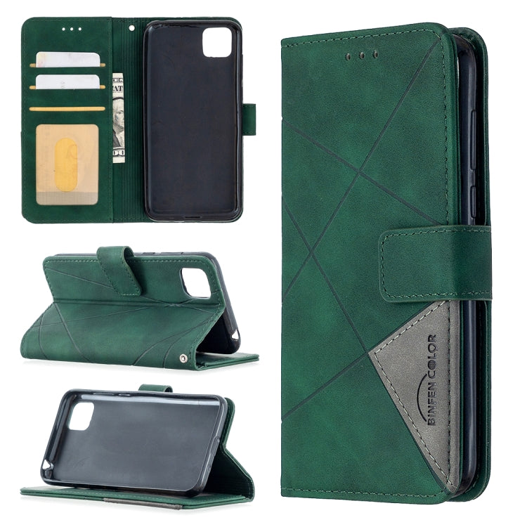 Green magnetic flip leather phone case with card slots and fold-out stand