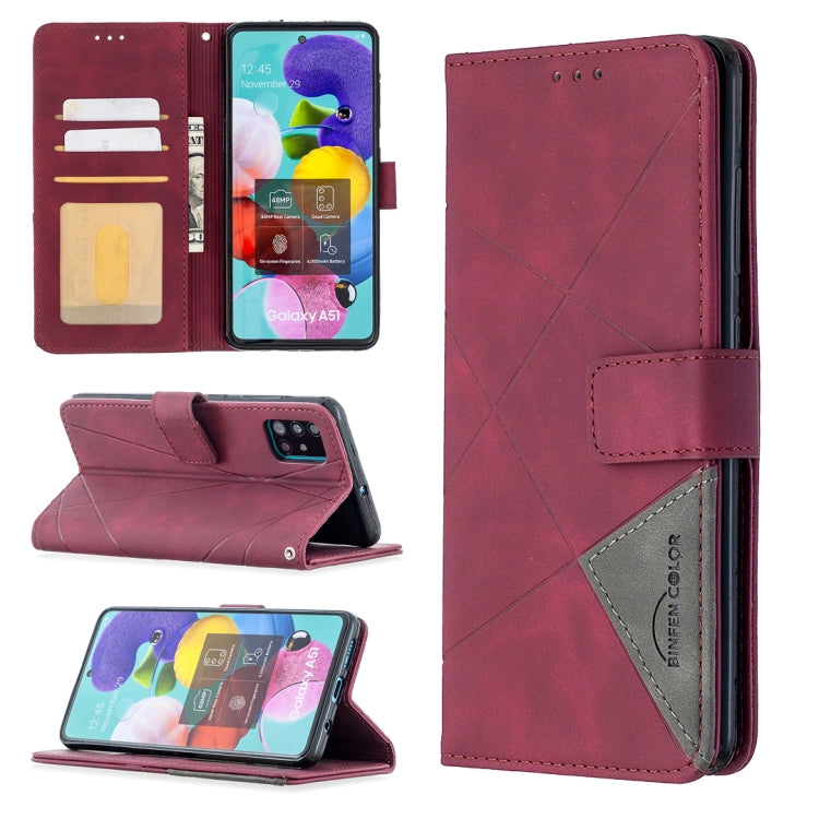 Maroon leather flip phone case with magnetic closure, rhombus pattern, and card slots