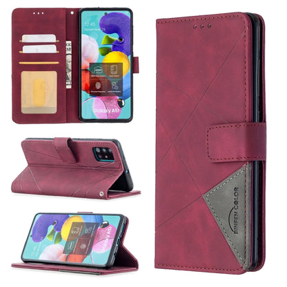 Maroon leather flip phone case with magnetic closure, rhombus pattern, and card slots