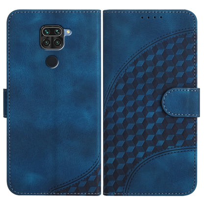Blue leather phone case with geometric embossed flap and camera cutout, magnetic strap