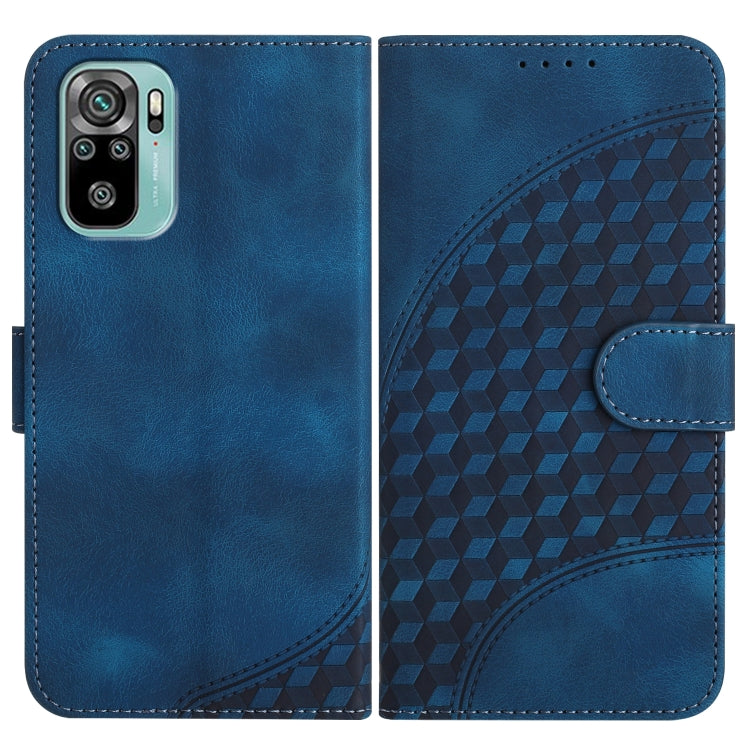 Blue PU leather phone wallet case with geometric pattern and side strap closure