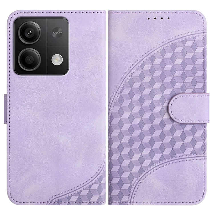Light purple leather phone case with geometric embossed pattern and front buckle strap