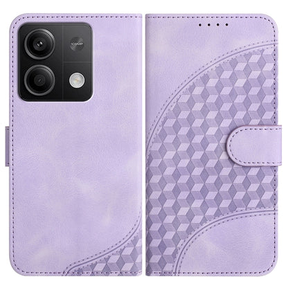 Light purple leather phone case with geometric embossed pattern and front buckle strap
