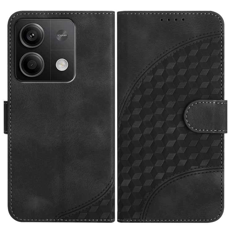 Black leather phone case with geometric embossed pattern and front buckle strap