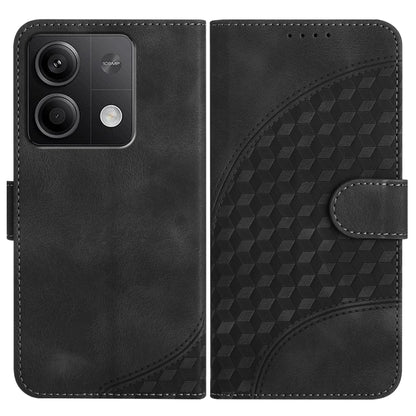 Black leather phone case with geometric embossed pattern and front buckle strap