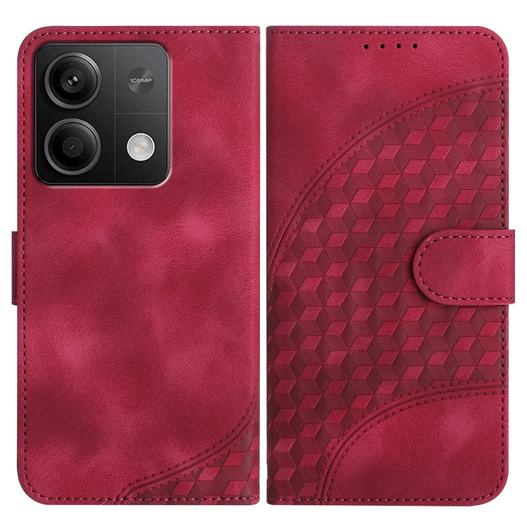 Red leather phone case with geometric embossed pattern and front buckle strap